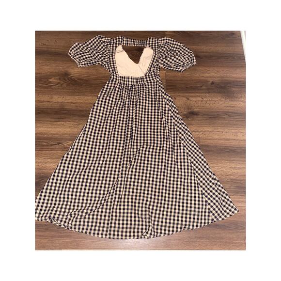 EUC DISSH Elm Chocolate Gingham Midi Dress Puff Sleeve Open Back Cotton Size 4 - Picture 8 of 16